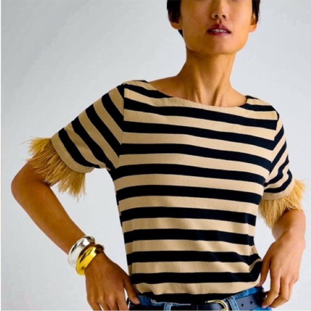 NWT J.Crew Mariner Jersey Cropped Boatneck T Shirt with Feathers